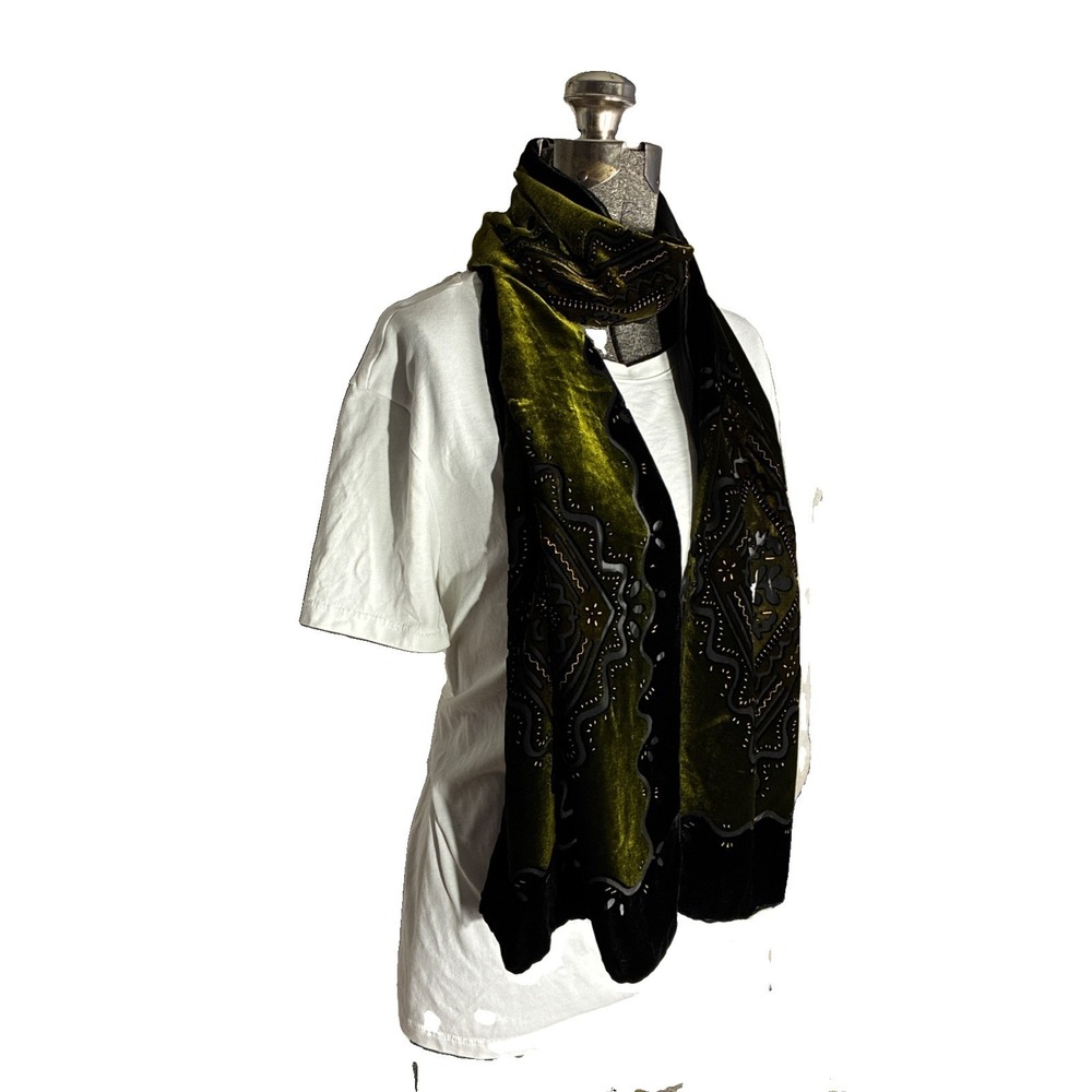 VTG Velvet Burnout Scarf Dark Green Paisley Gothic Boho Whimsigoth Fairy Grunge